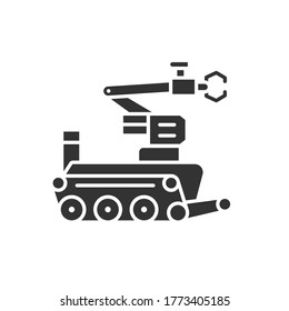 Military robot black glyph icon. Bomb-disposal robot or explosive ordnance disposal EOD. Innovation in technology. Sign for web page, app. UI UX GUI design element.