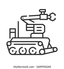 Military robot black line icon. Bomb-disposal robot or explosive ordnance disposal EOD. Innovation in technology. Sign for web page, app. UI UX GUI design element. Editable stroke.
