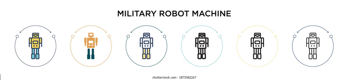 Military robot machine icon in filled, thin line, outline and stroke style. Vector illustration of two colored and black military robot machine vector icons designs can be used for mobile, ui, web