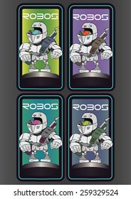 Military robot soldier posing, various colors