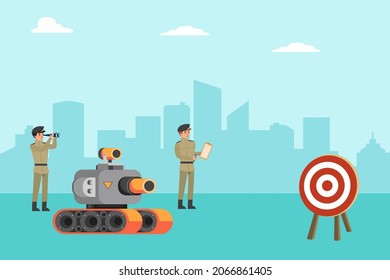 Concepto vectorial de robótica militar. Dos soldados probando un robot de combate mientras desarrollan armas para la guerra