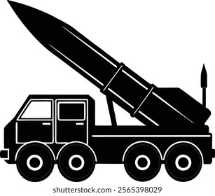 Military rocket with launcher truck silhouette isolated on white background. Rocket launcher sign vector illustration design