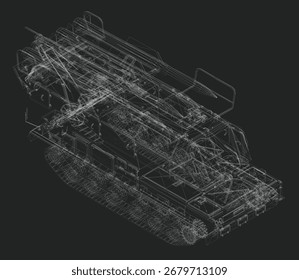 Modelo de estructura de alambre de lanzacohetes militar sobre fondo negro, que muestra un marco estructural detallado y componentes mecánicos.