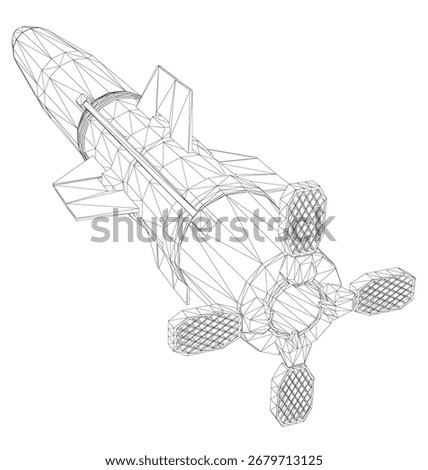 Military rocket wireframe model in 3D, realistic design on white background, detailed structure.