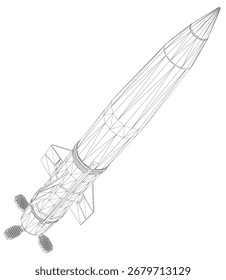 El modelo de estructura de alambre de cohete militar sobre fondo blanco presenta una nariz puntiaguda, dos motores y una aleta de cola detallada en blanco y negro.
