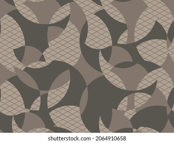 Patrón militar redondeado de camo sin soldadura. Fondo geométrico de camuflaje en arena y color marrón desierto. Fondo vectorial de material.