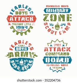 Military and scout badges. Graphic design for t-shirt. Color print on white background