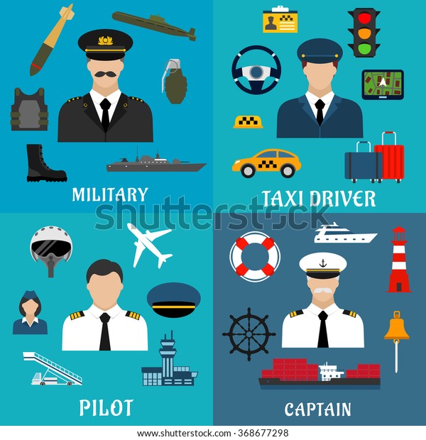 Military, sea captain, pilot and taxi driver flat icons\
with transportation, equipment, services and armed forces\
professions symbols 