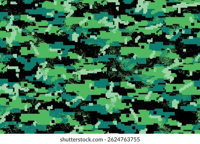 Military seamless digital pixel pattern in green and black colors. Grunge textured camouflage ornament for sport textile, girl and boy clothes, wrapping paper. Glitch background
