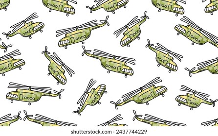 Military seamless pattern with helicopters.Background with air transport in camouflage with black line.Graphic print on fabric and paper.Endless wallpaper,cover,banner template.Vector  illustration.