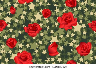 Military seamless pattern with roses. Vector illustration.