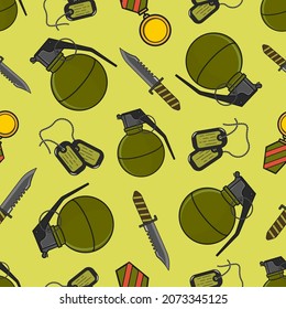 Militärisches nahtloses Muster mit Token, Medaille und Messer, Vektorgrafik, Hintergrund Veteran-Tag