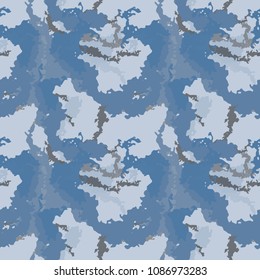 Military seamless pattern. Vector illustration, blue and grey ship camo, UFO urban camouflage in different shades of blue that is usable as background, backdrop, cloth print or for wrapping paper