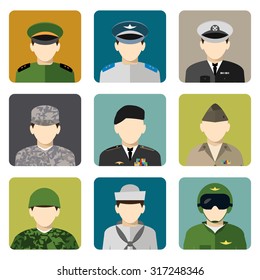 Militares en uniforme usuarios de Internet íconos de avatar cabeza y hombro establecen ilustración vectorial abstracta plana