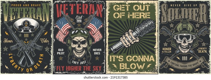 Military Set Colorful Vintage Flyers Soldier Skull With Weapons And Ammunition With Words About Honor And Valor Grunge Vector Illustration