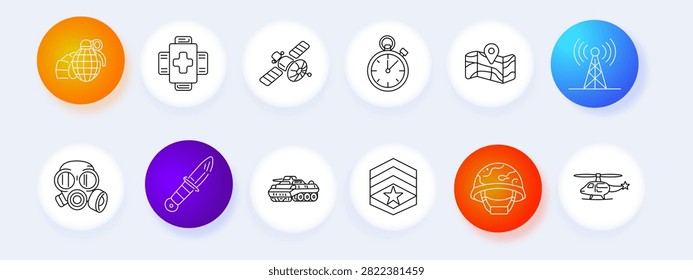 Military set icon. Grenade explosive, medical bandage, orbital satellite, stopwatch timer, folded map, transmission tower, protective gasmask, combat knife, armored transport, ranking insignia collection