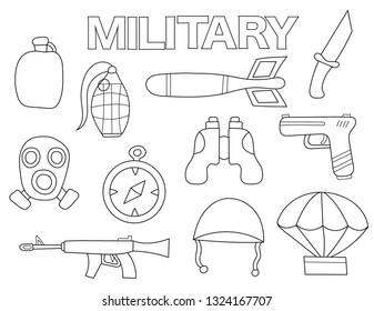 Military set of icons and objects. Hand drawn doodle defense army design concept. Black and white outline coloring page game. Monochrome line art. Vector illustration.