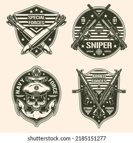 Military Set Label Monochrome Vintage Special And NAVY Force Assault Weapon Soldier SEAL Ammunition Warriors Infantry Vector Illustration