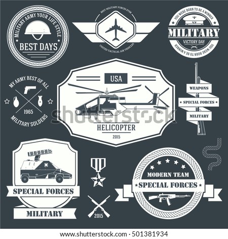 military set label template of emblem element for your product or design, logo, web and mobile applications with text. Vector illustration with thin lines isolated icons on stamp symbol