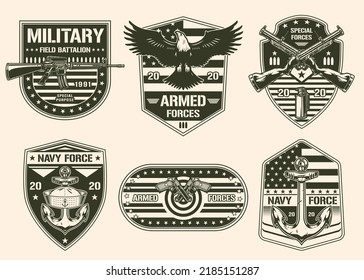 Military Set Monochrome Sticker Vintage Soldiers Weapons With Name Of Military Branch And US Eagle For Uniform Wars Vector Illustration