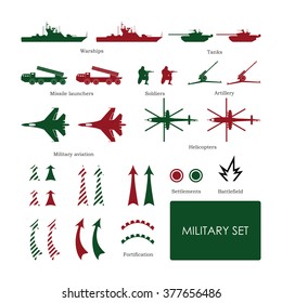 Military Set For Tactical Map With Detailed Icons. Vector Illustration