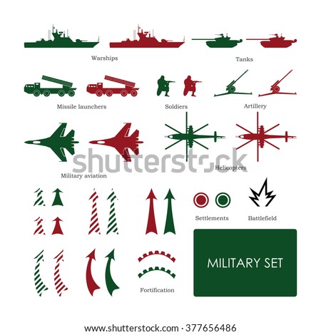 Military set for tactical map with detailed icons. Vector illustration