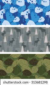Military set of textures. Winter blue Camo made of cheese. Grey Camouflage army seamless Moose and trees. Soldier's seamless background from leaves.