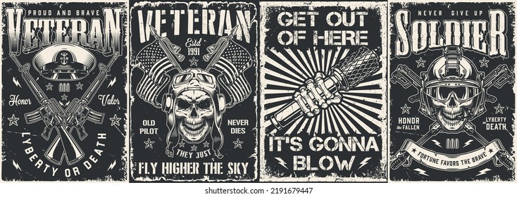 Military Set Vintage Flyers Monochrome Ammunition And Weapons Skull Soldiers With Army Helmets And Text About Honor Valor Vector Illustration