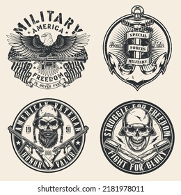 Military Set Vintage Label Monochrome Skull Soldiers Special Forces US Eagle With Shoulder-Fired Rocket Launcher And Anchor Navy Vector Illustration