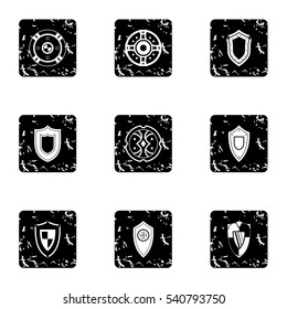 Military shield icons set. Grunge illustration of 9 military shield vector icons for web