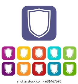 Military shield icons set vector illustration in flat style in colors red, blue, green, and other