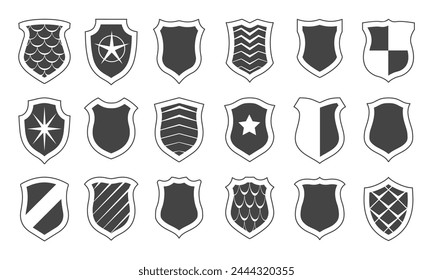 Military shields. Coat medieval shapes with stars and checkers, monochrome police security labels, bikers badge collection isolated vector illustration