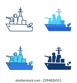 Military ship icon set in flat and line style. Warship, army boat, naval forces symbol. Vector illustration.