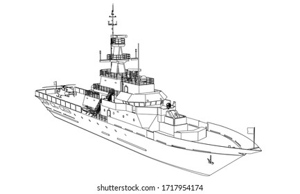 Military ship outline vector. Military vehicle template vector isolated on white.