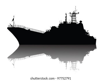 Military Ship Silhouette With Reflection. Vector Illustration