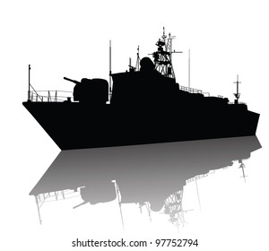 Military Ship Silhouette With Reflection. Vector 