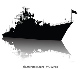 Military Ship Vector Silhouette With Reflection. Highly Detailed