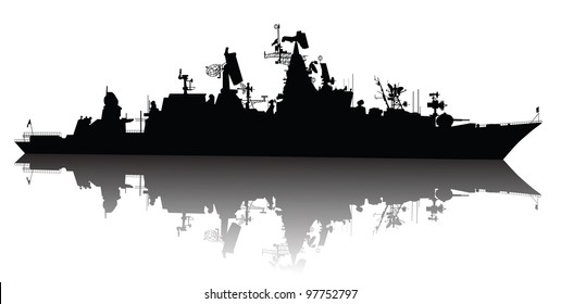 Military ship vector silhouette with reflection. Highly detailed 