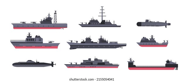 Military Ships And Submarines Cartoon Illustration Set. Various Warships, Vessels And Boats On White Background. Navy, Sea Power, Marine Forces, War, Battle Concept