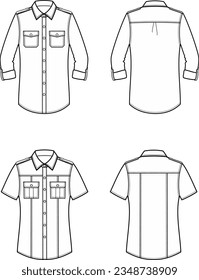 Military shirt with long and short sleeve. Apparel design. Women CAD mockup. Fashion technical drawing template. Vector illustration.  