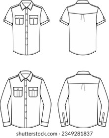 Military shirt with long and short sleeve flat sketch. Apparel design. Men CAD mockup. Fashion technical drawing template. Vector illustration.