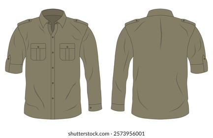 Military shirt mockup, button down formal shirt, long sleeve work shirt front and back view