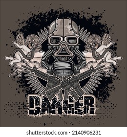 military sign with skull,gas mask and angels grunge vintage design t shirts