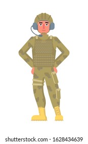 Military signalman character wearing headset on helmet avatar. Man army soldiers in uniform and boots standing isolated on white. Tankman full length portrait. Vector cartoon illustration