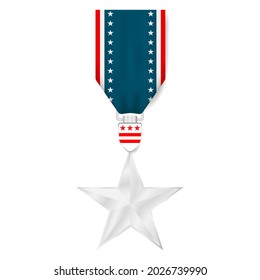 Military Silver Star Medal With USA Flag Ribbon Isolated On White Background. Military Soldier Awards Badge, Icon, Sign. Vector Illustration