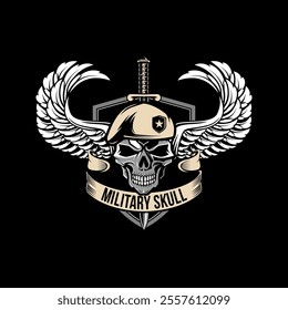Military Skull Badge Wearing Beret and wings vector illustration logo. Design element for logo, label, sign, emblem.