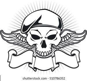 military skull with beret, wings and banner