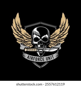 Military Skull Bite Dagger vector illustration logo. Design element for logo, label, sign, emblem.