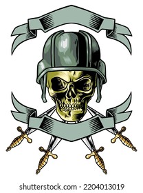 military skull with ribbon and knife below