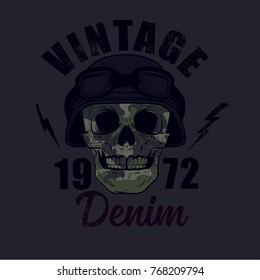 Military skull vector print.Vintage Denim print for t-shirt or apparel. Old school vector graphic for fashion and printing. Retro artwork and typography.